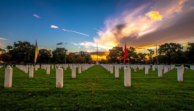 A sunset casts golden light on a serene cemetery with white headstones, grassy fields and a colorful sky