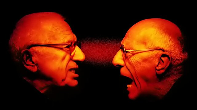 Intense faceoff, fiery communication, old age visages, red communication exchange, dark face expression intensity
