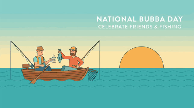 Two friends fishing in boat, one holding fish, other with Bubba mug, celebrating friendship & relaxation, flat cartoon design, muted teal orange hues, vector art.