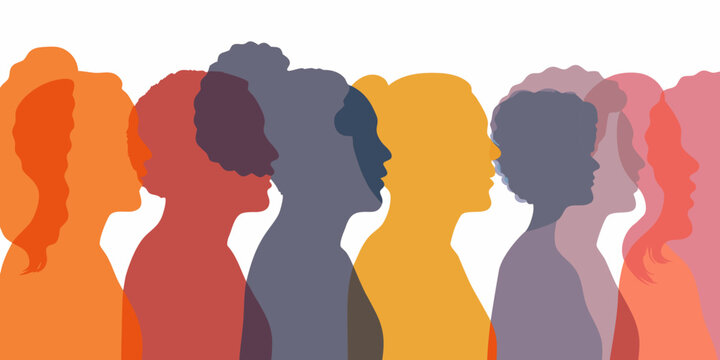 Silhouettes of diverse people facing right in varying vibrant colors