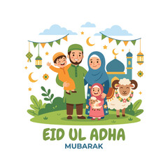 Obraz premium Muslim family celebrating eid ul adha with sheep and mosque celebration 1