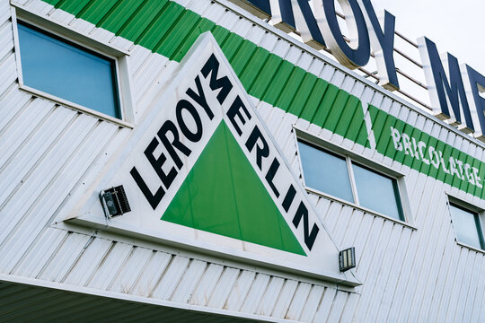 Barcelona, Spain - May 16, 2021. Logo and facade of Leroy Merlin, a French multinational specialized in DIY