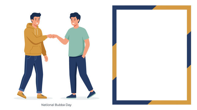 Two smiling male friends fist bumping, celebrating brotherhood next to an empty blue and gold decorative frame in modern flat vector art on a white background with copy space.