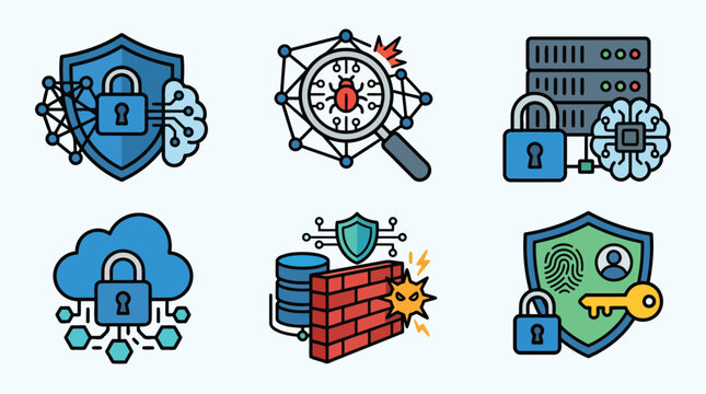 Advanced cyber intelligence and server defense mechanism icons for information security