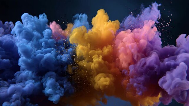 Spray can in action, emitting rich, swirling smoke in blue, yellow, pink, and orange, tiny glowing dust-like particles suspended, dark gradient backdrop, modern abstract art and cr