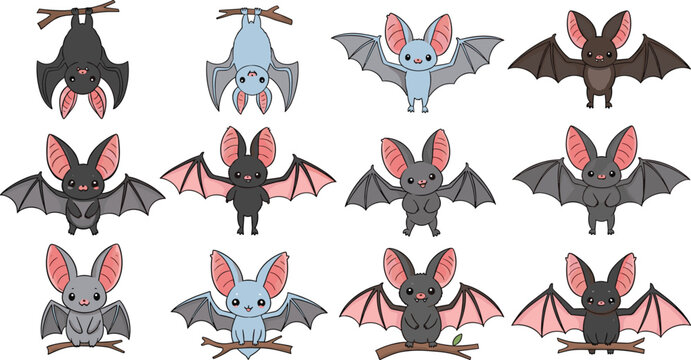 Cute Bat Character Vector Set with Flying, Hanging and Sitting Poses for Halloween, Wildlife, Night Animal Illustration and Cartoon Design Collection