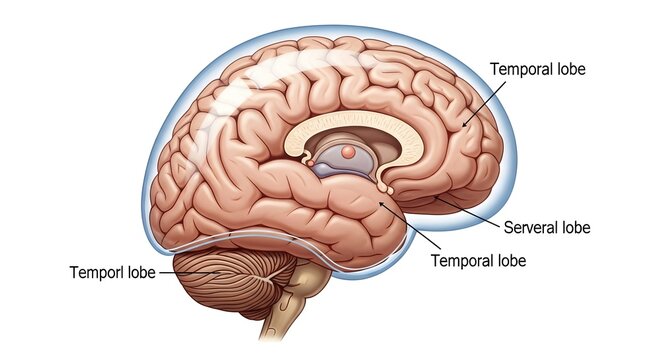 Lateral sagittal illustration of the human brain under a light blue dome emphasizing multiple labeled temporal lobe regions, demonstrating the cortical areas important for hearing, language comprehens