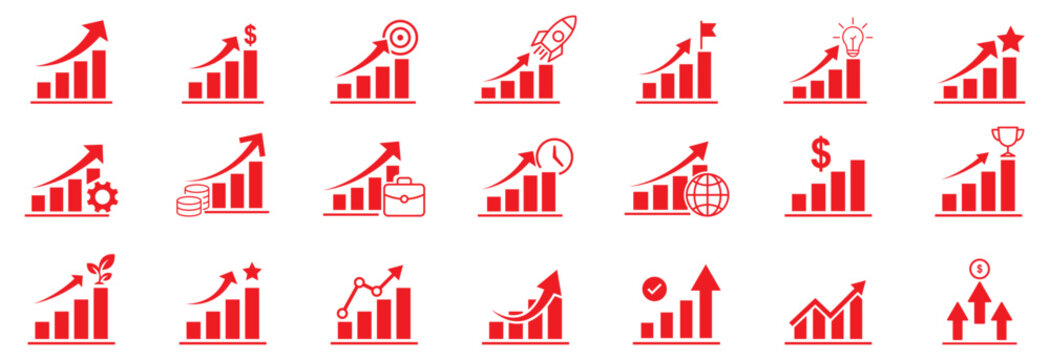 Growth icon set. Containing performance, gain, improvement, grow, chart, increase, evolution and development icons.