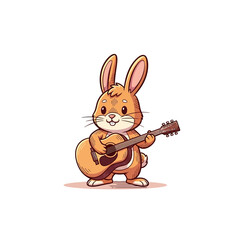 Obraz premium A cute cartoon brown rabbit happily playing an acoustic guitar, standing on a white background.
