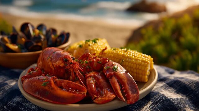 Top-down view of a beach blanket spread with lobster, corn on cob, clams in bowl, steaming and glistening under golden sunset light, ocean and soft sand blurred in background, warm