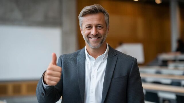 University administrator posing with a thumbs-up sign in a lecture hall, warm professional smile, blurred whiteboard and seating behind, balanced composition, modern academic inter