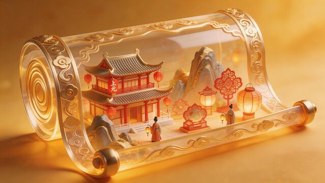 Traditional Chinese scroll with lanterns and architecture