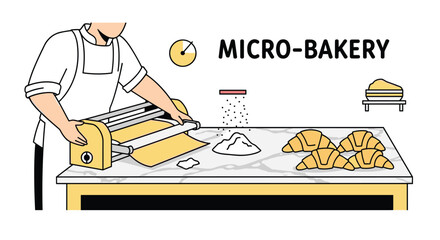 Illustration of a baker preparing croissants at a microbakery with a pastry cutter and ingredients on a table, Generative AI.