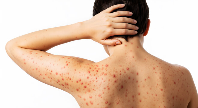 Person with red spots on back and arm against white background skin rash