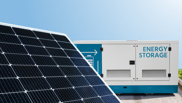 Solar panel with battery energy storage container in the background