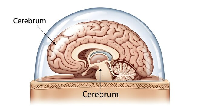 Sagittal illustration of the human cerebrum enclosed within a transparent cranial dome and resting on the skull base, showing cerebral hemispheres above the cerebellum and brainstem to explain overall