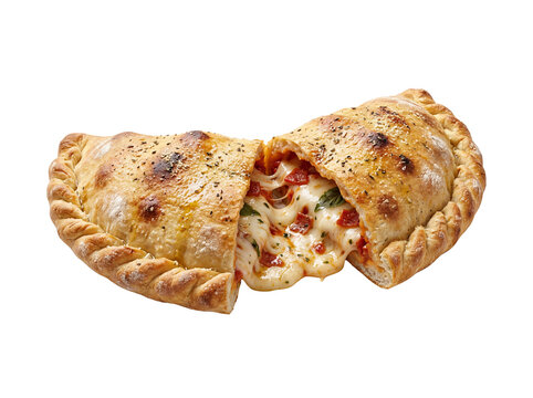 Golden baked calzone with melted mozzarella cheese, traditional Italian pizza turnover with tomato and herbs, savory stuffed pastry appetizer isolated PNG with Transparent Background