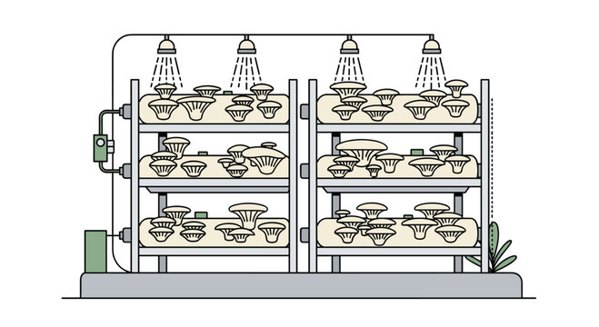 An industrial hydroponic system with multiple shelves of plants being watered by shower heads in a controlled environment for efficient growth, Generative AI.