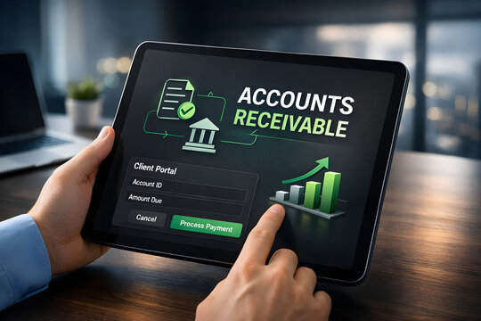Accounts receivable system on tablet with financial interface, modern fintech design, payment tracking, digital invoicing, corporate finance