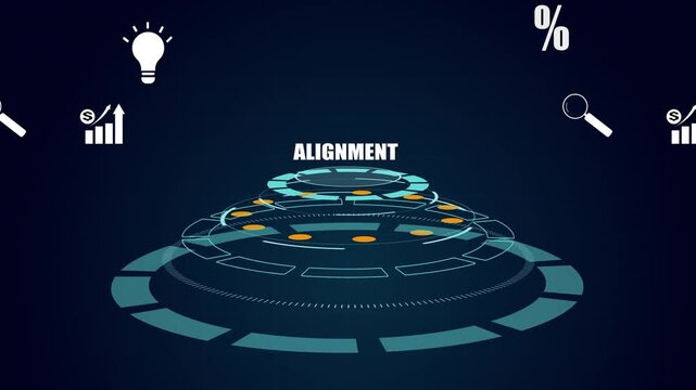 Futuristic alignment hud interface for digital synchronization, abstract technology precision motion graphics with business icons, cyber data organization.