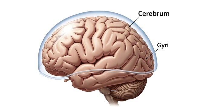 Lateral anatomical illustration of the human cerebrum with labeled gyri, emphasizing the convoluted cortical surface that increases area for neurons and supports complex functions such as thinking, se