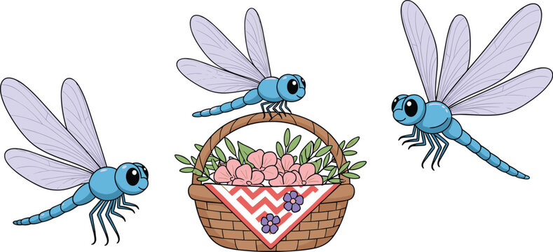Cute dragonflies flying around flower basket isolated on white background nature insect cartoon vector illustration collection