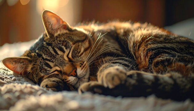 Peaceful slumber - A tabby cats cozy nap on a soft blanket.