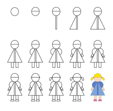 How to draw step by step? Worksheet easy guide to drawing cartoon cute girl.