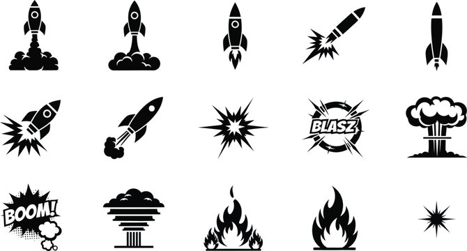 Collection of black and white rocket and explosion icons