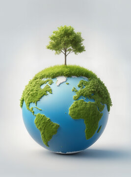 A blue and green earth with a tree on top of it and grass on the continents