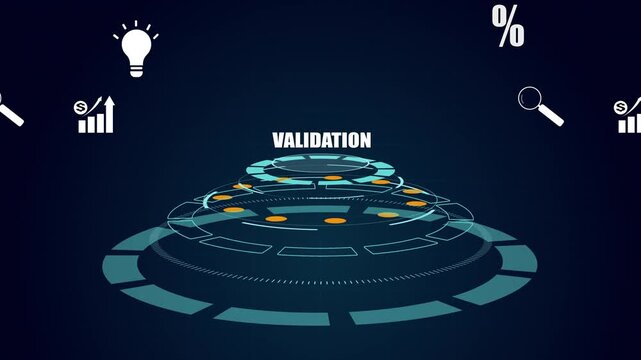 Validation process in business using futuristic digital HUD interface, corporate data analytics chart, idea light bulb and percentage icons background.