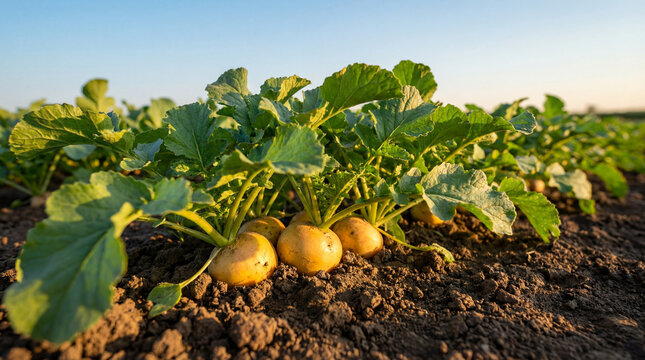 Golden turnips ready for harvest in an organic farm field under a clear blue sky. Healthy, fresh root vegetables