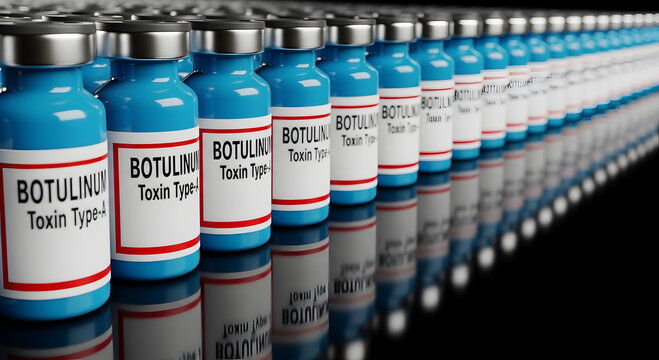 Rows of blue botulinum toxin type a vials with white labels and silver caps image