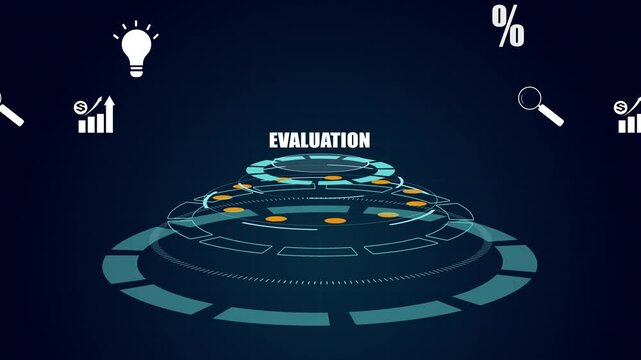 Evaluation of business data using futuristic digital HUD interface, corporate analytics growth chart, light bulb idea and search icon visualization.