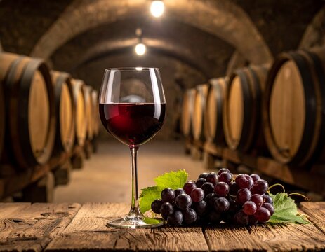 Glas Rotwein mit frischen Trauben im Weinkeller