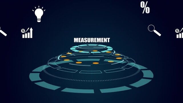 Measurement of business performance with futuristic digital HUD interface, data analytics growth chart, light bulb idea and search icon visualization.