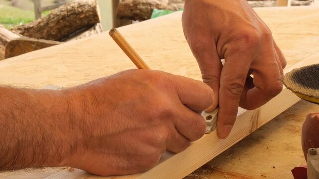 Carpenter using pencil and steel square to mark wooden workpiece for furniture production. Woodworking craft. Eco-friendly furniture.