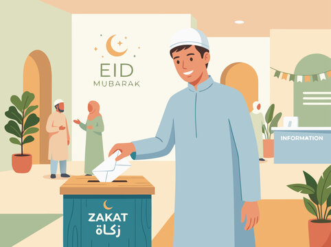 Muslim Man Donating Zakat During Eid Mubarak Celebration.