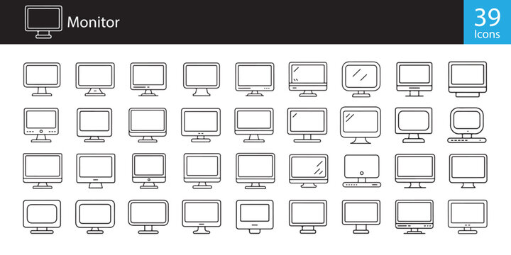 A comprehensive collection of thirty-nine diverse computer monitor line art icons for design use.