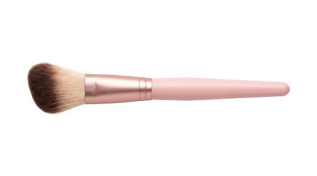Pink handled makeup brush with rose gold ferrule on transparent background