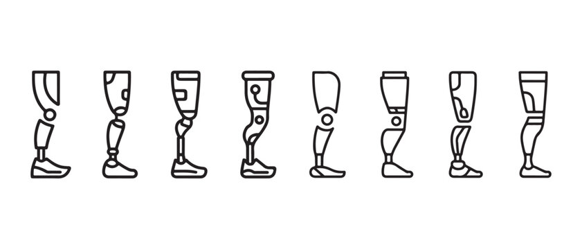 A collection of various line art icons representing different prosthetic leg designs for patients.