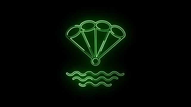 Glowing neon line parachuter icon with animated descent. Parachute sport animation HD video isolated on black background.