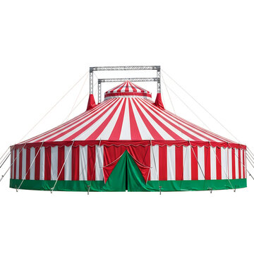 A large red and white striped circus tent
