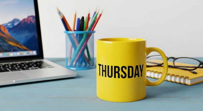 Yellow mug with T H U R S D A Y text sits on a blue desk next to a laptop thursday