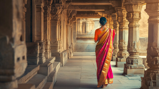 Rear View of a Woman in a Vibrant Pink Saree Walking through an Ancient Stone Temple Corridor