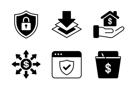 Vector icons showing security, download, home finance, transactions and online protection.