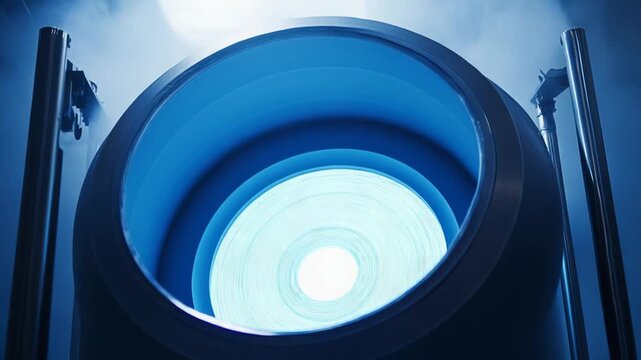 Advanced cryogenic freezing chamber emitting vapor during operation, representing cutting edge scientific research and futuristic medical or industrial technology