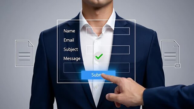 Businessman in blue suit interacting with digital contact form on gray background