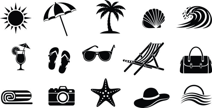 Black silhouette icons of beach and summer objects isolated on transparent background