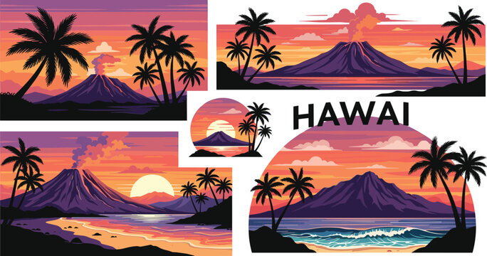 Hawaiian Volcanic Landscapes with Palm Trees, Featuring Stunning Sunsets, Lava, and Ocean Views